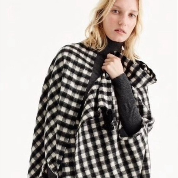 J Crew Buffalo Plaid Black White Cape Poncho Wrap - Picture 1 of 7